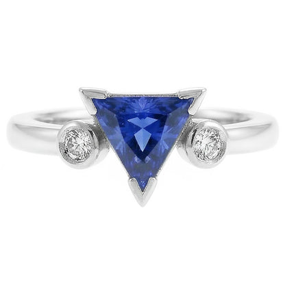 Natural Real ( Not Lab Grown )  Three Stone Ring Trillion V Prong Ceylon Sapphire 1.25 Carats Gold