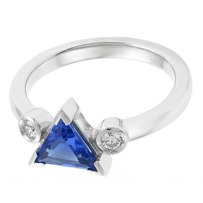 Natural Real ( Not Lab Grown )  Three Stone Ring Trillion V Prong Ceylon Sapphire 1.25 Carats Gold