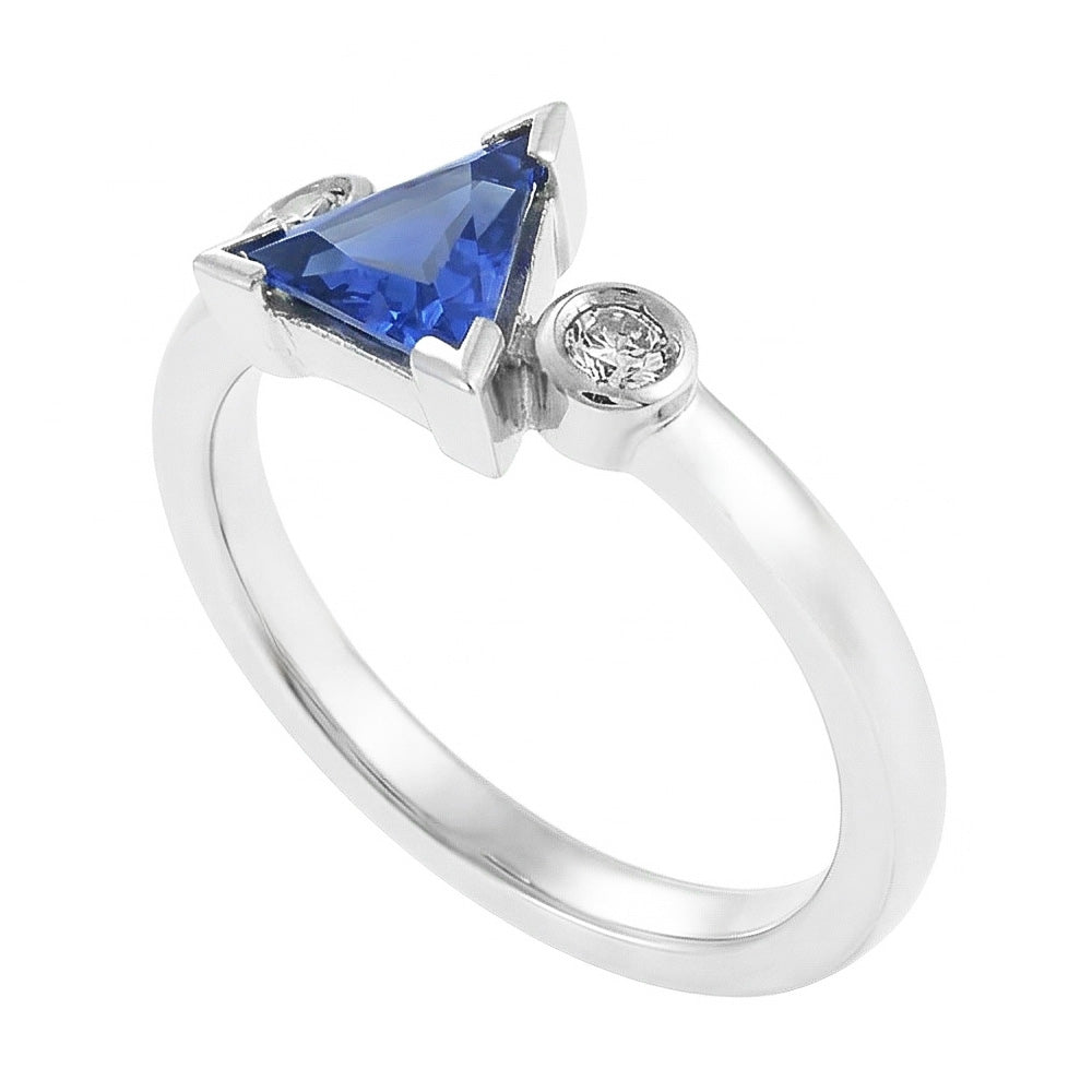 Natural Real ( Not Lab Grown )  Three Stone Ring Trillion V Prong Ceylon Sapphire 1.25 Carats Gold