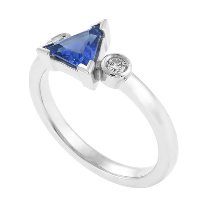 Natural Real ( Not Lab Grown )  Three Stone Ring Trillion V Prong Ceylon Sapphire 1.25 Carats Gold