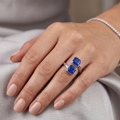 Natural Real ( Not Lab Grown )  Toi Et Moi Emerald Sapphire Ring 2 Stone Bezel Set 3 Carats Filigree