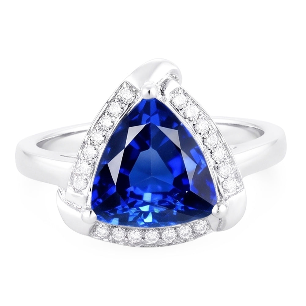 Natural Real ( Not Lab Grown )  Trillion Halo Ceylon Sapphire Ring White Gold Jewelry 3 carats