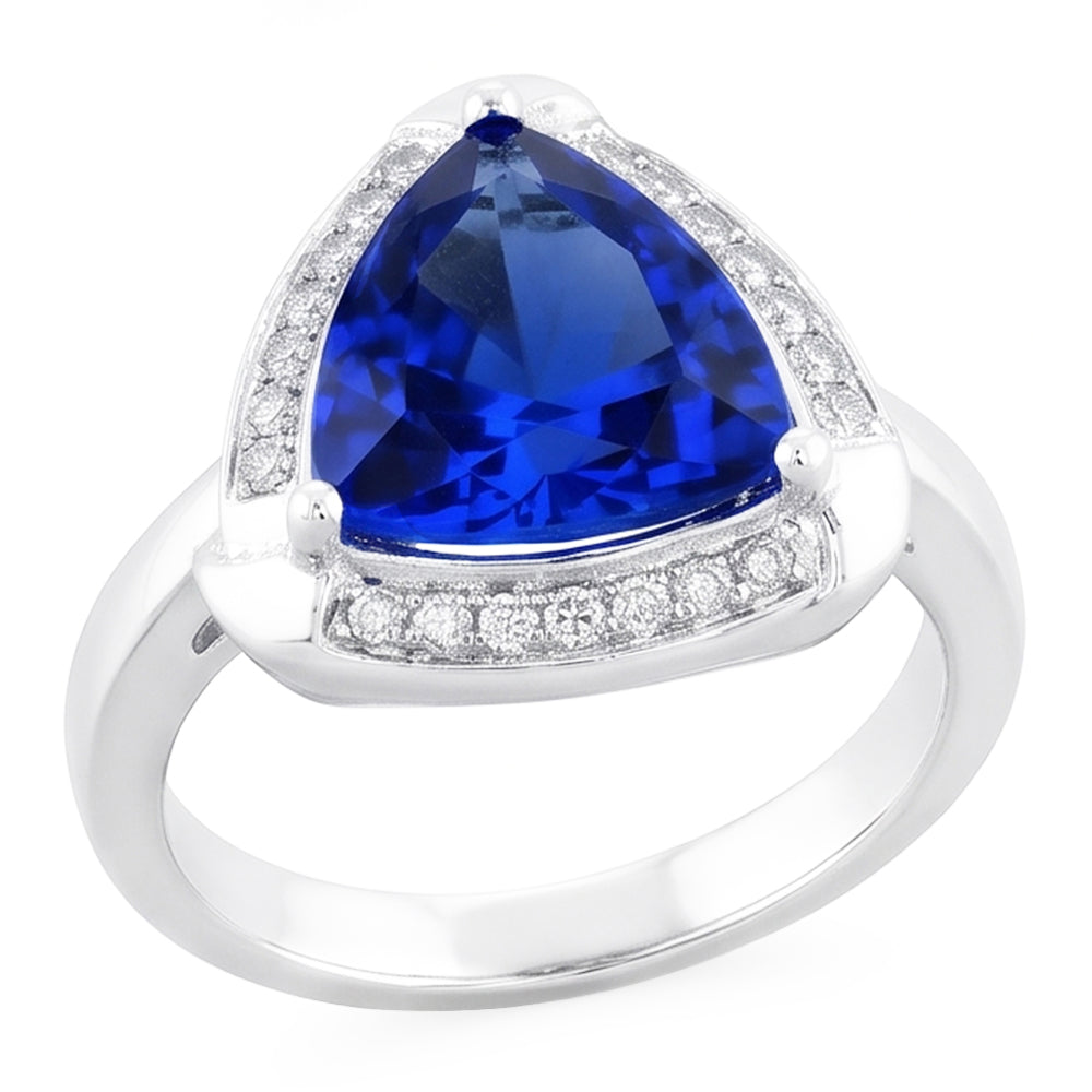 Natural Real ( Not Lab Grown )  Trillion Halo Ceylon Sapphire Ring White Gold Jewelry 3 carats