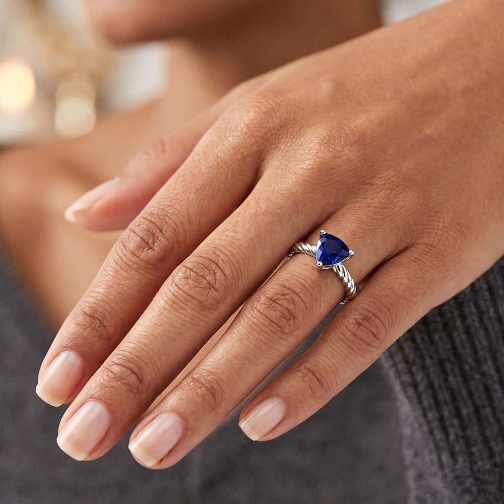 Natural Real ( Not Lab Grown )  Trillion Solitaire Ring Rope Style Deep Blue Sapphire 1 Carat