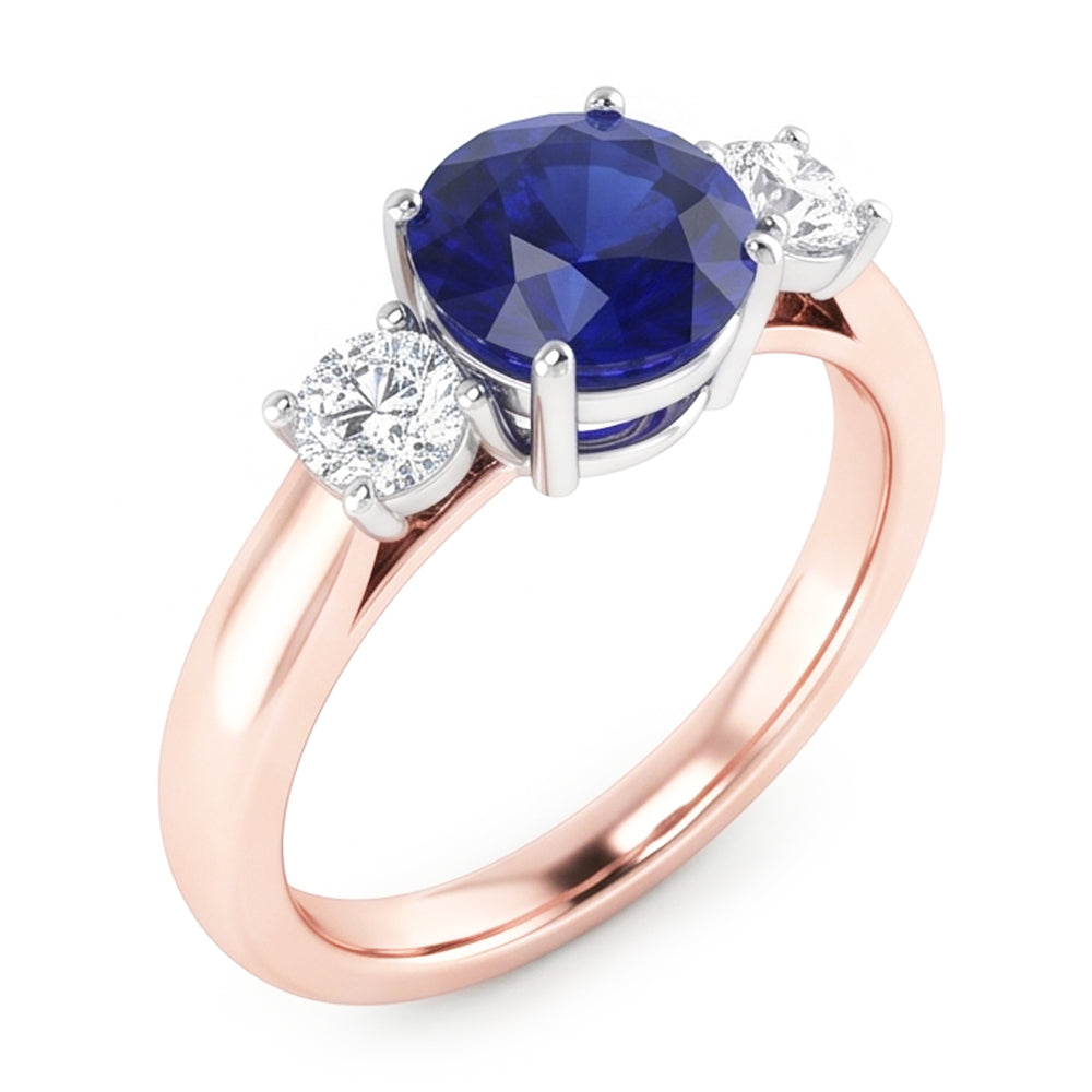 Natural Real ( Not Lab Grown )  Two Tone Gold 3 Stone Wedding Ring Round Ceylon Sapphire 2 Carats