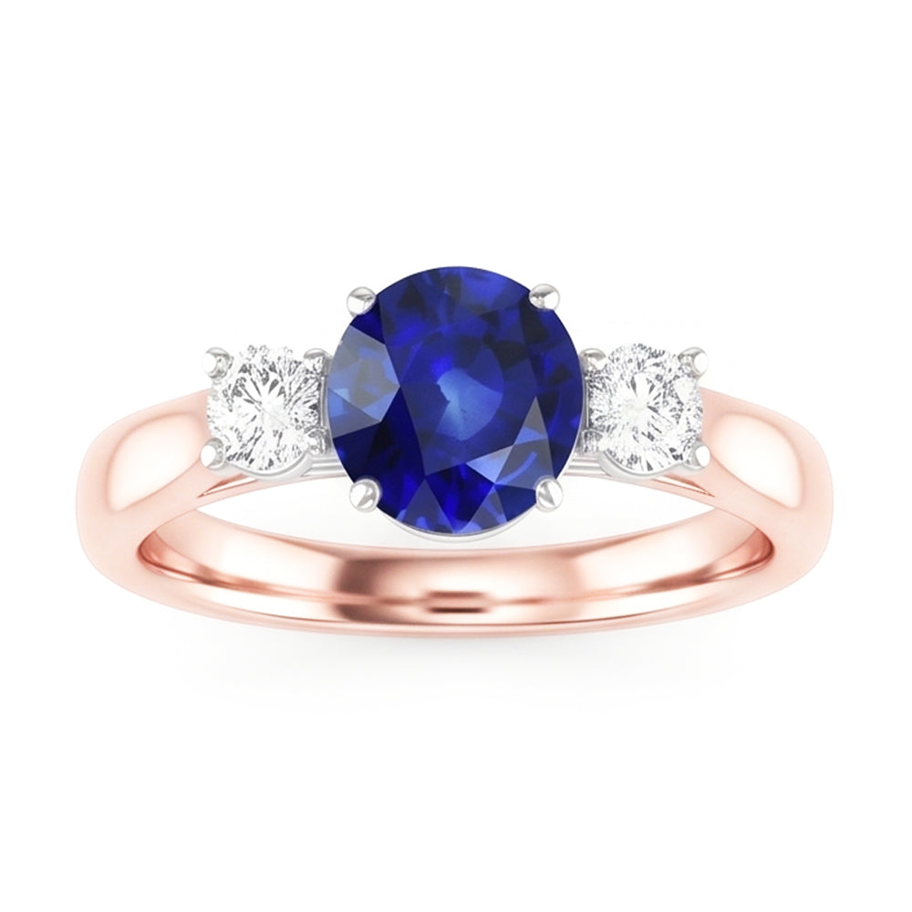 Natural Real ( Not Lab Grown )  Two Tone Gold 3 Stone Wedding Ring Round Ceylon Sapphire 2 Carats