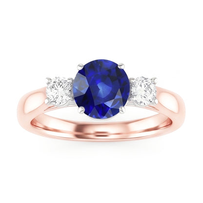 Natural Real ( Not Lab Grown )  Two Tone Gold 3 Stone Wedding Ring Round Ceylon Sapphire 2 Carats