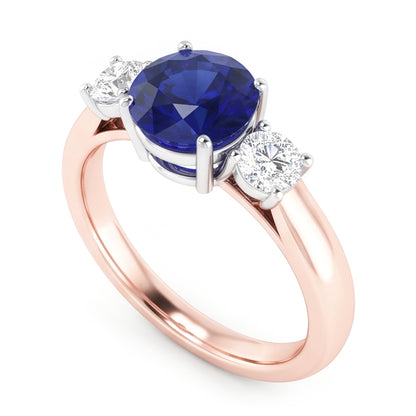 Natural Real ( Not Lab Grown )  Two Tone Gold 3 Stone Wedding Ring Round Ceylon Sapphire 2 Carats