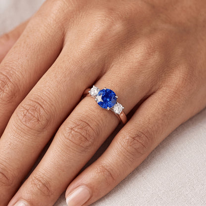 Natural Real ( Not Lab Grown )  Two Tone Gold 3 Stone Wedding Ring Round Ceylon Sapphire 2 Carats