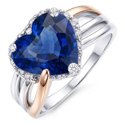 Natural Real ( Not Lab Grown )  Two Tone Halo Heart Ceylon Sapphire Ring Triple Shank 4 Carats