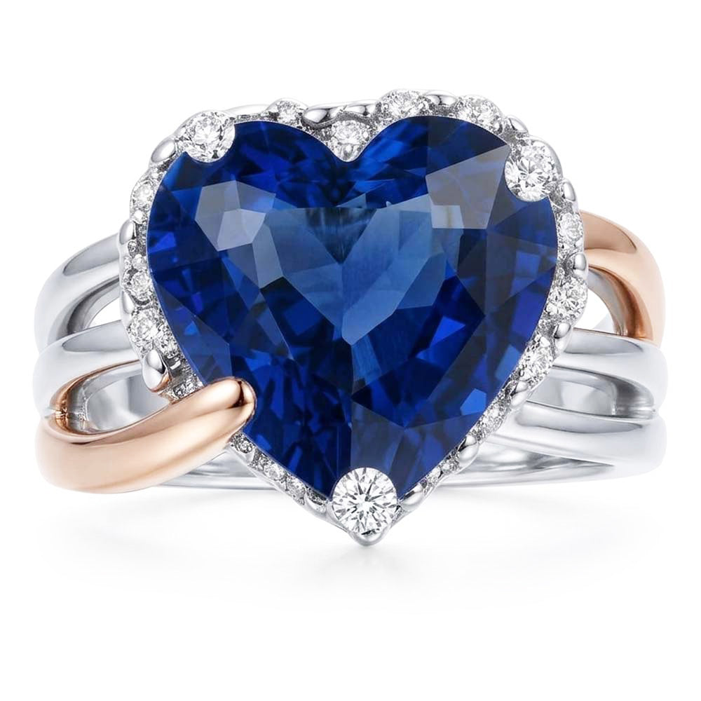 Natural Real ( Not Lab Grown )  Two Tone Halo Heart Ceylon Sapphire Ring Triple Shank 4 Carats
