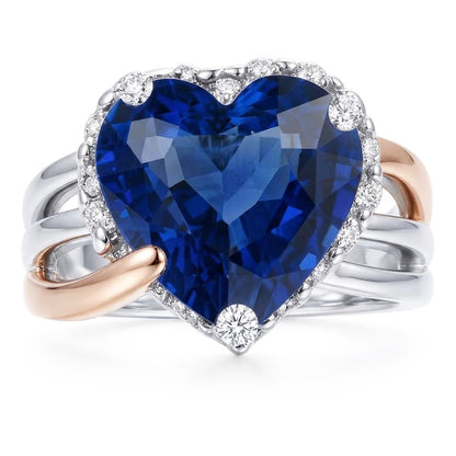 Natural Real ( Not Lab Grown )  Two Tone Halo Heart Ceylon Sapphire Ring Triple Shank 4 Carats