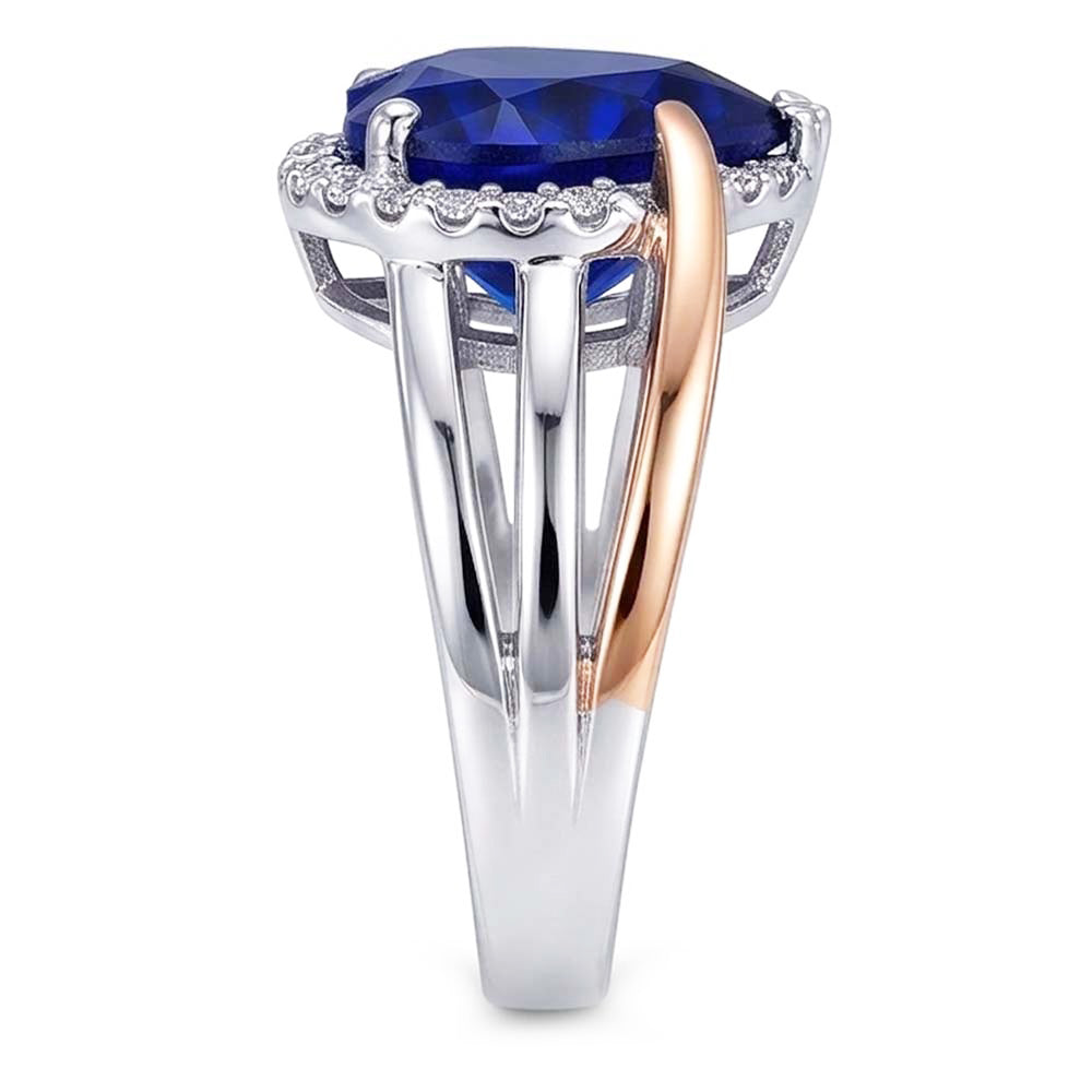 Natural Real ( Not Lab Grown )  Two Tone Halo Heart Ceylon Sapphire Ring Triple Shank 4 Carats