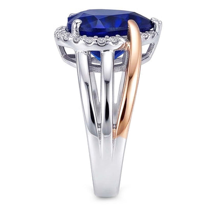 Natural Real ( Not Lab Grown )  Two Tone Halo Heart Ceylon Sapphire Ring Triple Shank 4 Carats