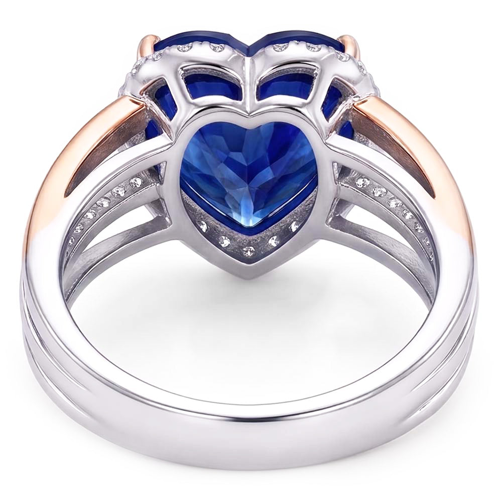 Natural Real ( Not Lab Grown )  Two Tone Halo Heart Ceylon Sapphire Ring Triple Shank 4 Carats