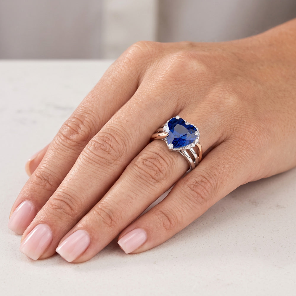 Natural Real ( Not Lab Grown )  Two Tone Halo Heart Ceylon Sapphire Ring Triple Shank 4 Carats
