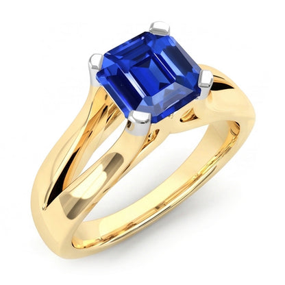 Natural Real ( Not Lab Grown )  Two Tone Solitaire Emerald Blue Sapphire Ring 2.50 Carats Split Shank