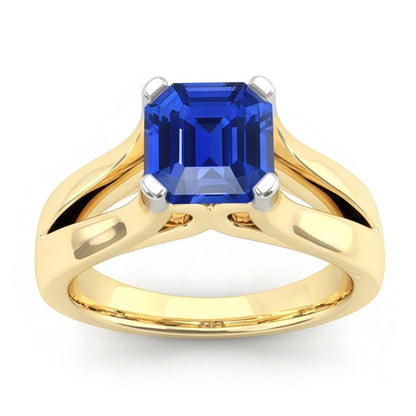Natural Real ( Not Lab Grown )  Two Tone Solitaire Emerald Blue Sapphire Ring 2.50 Carats Split Shank