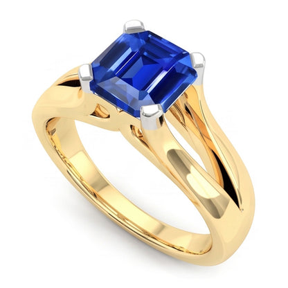 Natural Real ( Not Lab Grown )  Two Tone Solitaire Emerald Blue Sapphire Ring 2.50 Carats Split Shank