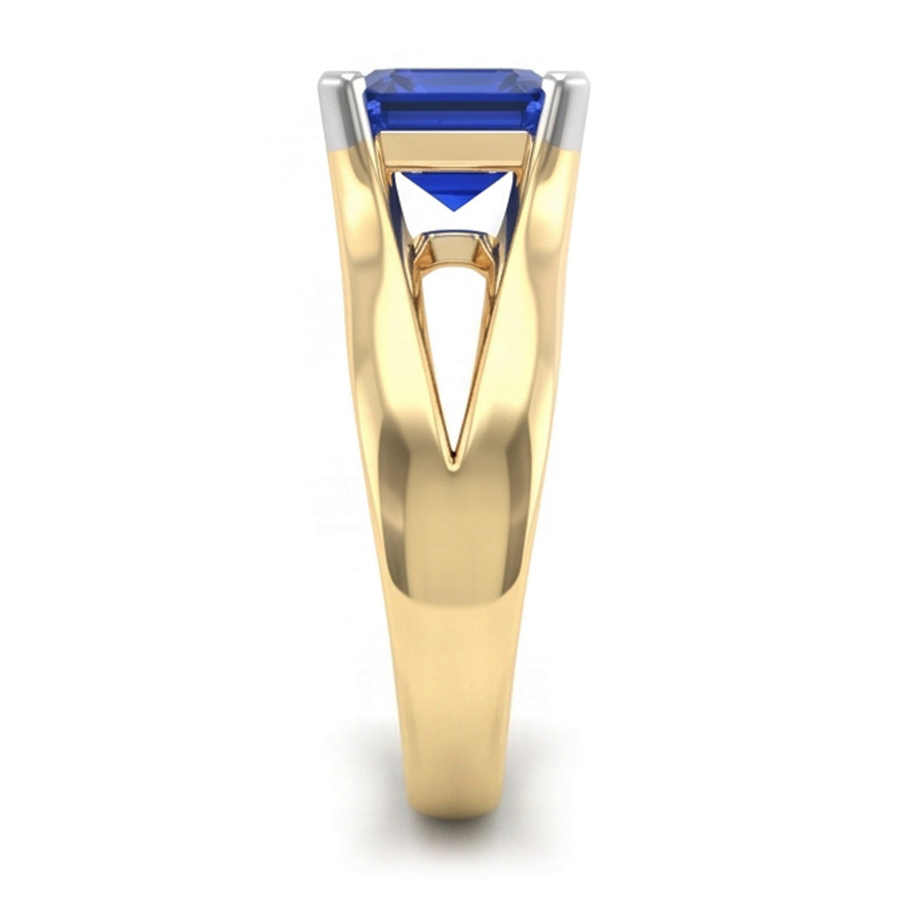 Natural Real ( Not Lab Grown )  Two Tone Solitaire Emerald Blue Sapphire Ring 2.50 Carats Split Shank