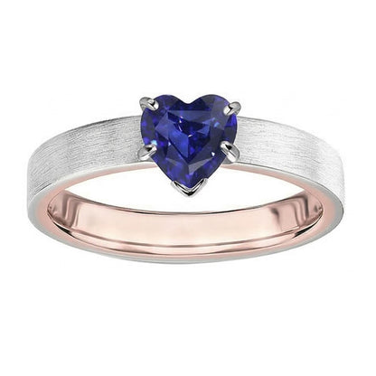 Natural Real ( Not Lab Grown )  Two Tone Solitaire Heart Deep Blue Sapphire Ring 1.50 Carats