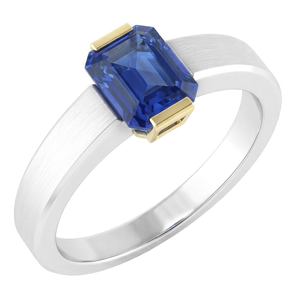 Natural Real ( Not Lab Grown )  Two Tone Solitaire Ring 1 Carat Blue Sapphire Emerald Cut Gold Jewelry