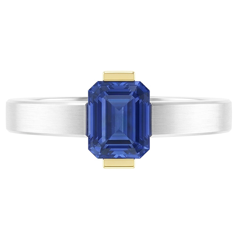 Natural Real ( Not Lab Grown )  Two Tone Solitaire Ring 1 Carat Blue Sapphire Emerald Cut Gold Jewelry