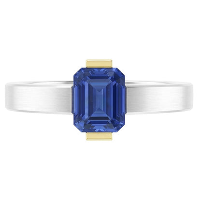 Natural Real ( Not Lab Grown )  Two Tone Solitaire Ring 1 Carat Blue Sapphire Emerald Cut Gold Jewelry