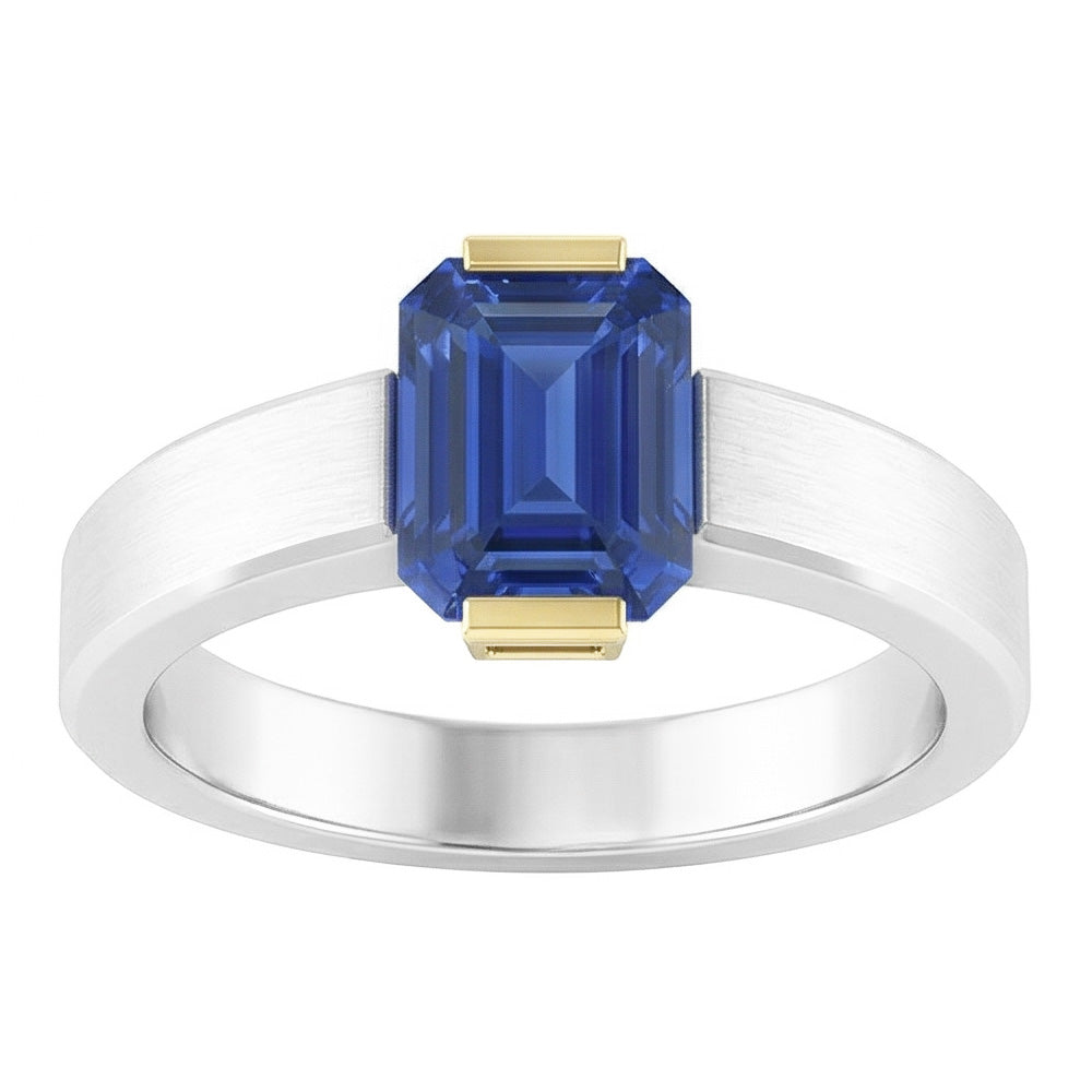 Natural Real ( Not Lab Grown )  Two Tone Solitaire Ring 1 Carat Blue Sapphire Emerald Cut Gold Jewelry