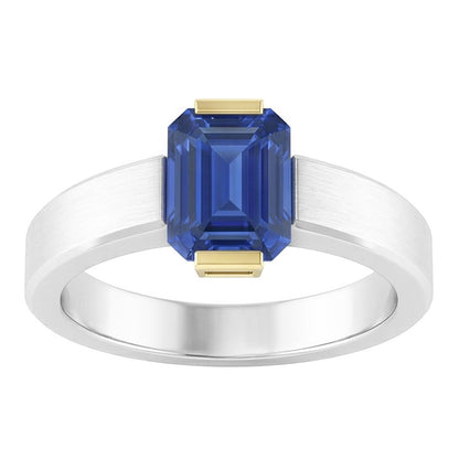 Natural Real ( Not Lab Grown )  Two Tone Solitaire Ring 1 Carat Blue Sapphire Emerald Cut Gold Jewelry