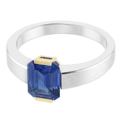 Natural Real ( Not Lab Grown )  Two Tone Solitaire Ring 1 Carat Blue Sapphire Emerald Cut Gold Jewelry