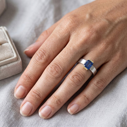 Natural Real ( Not Lab Grown )  Two Tone Solitaire Ring 1 Carat Blue Sapphire Emerald Cut Gold Jewelry