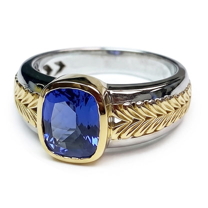Natural Real ( Not Lab Grown )  Two Tone Solitaire Tanzanite Ring Cushion Bezel Set 5.50 Carats
