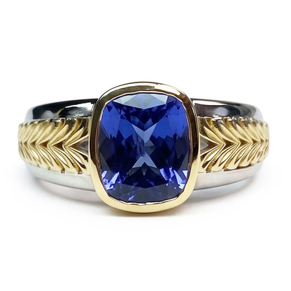Natural Real ( Not Lab Grown )  Two Tone Solitaire Tanzanite Ring Cushion Bezel Set 5.50 Carats