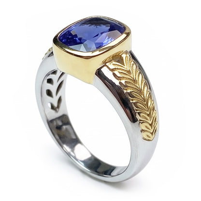 Natural Real ( Not Lab Grown )  Two Tone Solitaire Tanzanite Ring Cushion Bezel Set 5.50 Carats