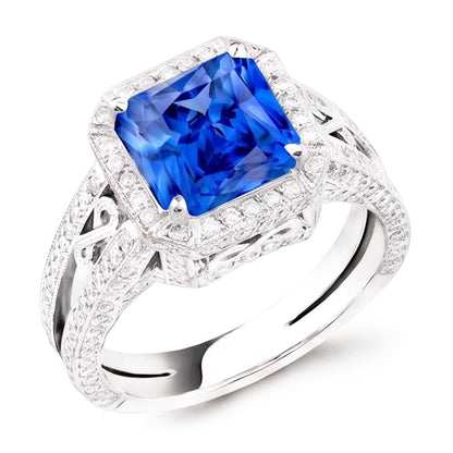 Natural Real ( Not Lab Grown )  Vintage Style Halo Sapphire Ring Srilanka Milgrain 3 Carat Split Shank