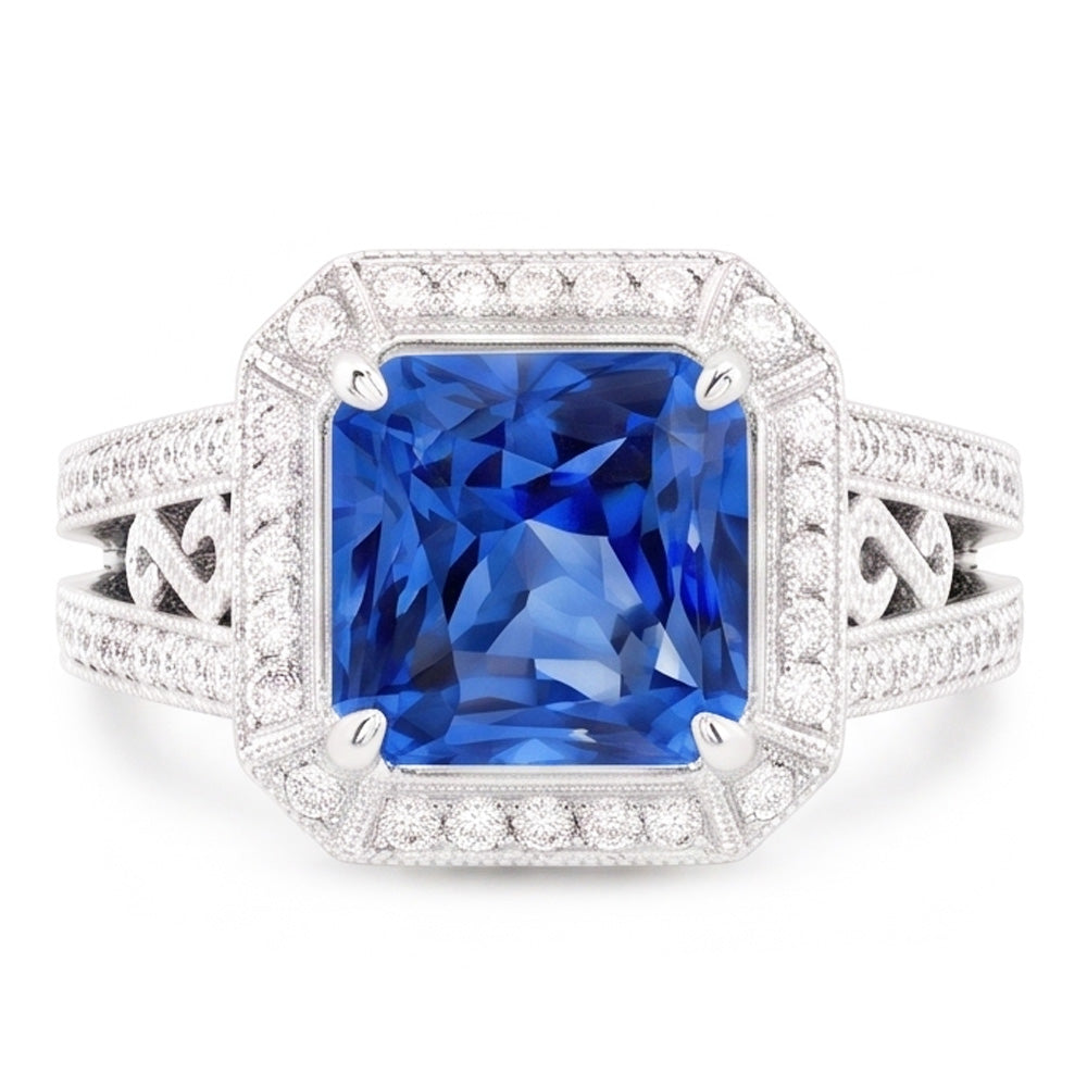 Natural Real ( Not Lab Grown )  Vintage Style Halo Sapphire Ring Srilanka Milgrain 3 Carat Split Shank