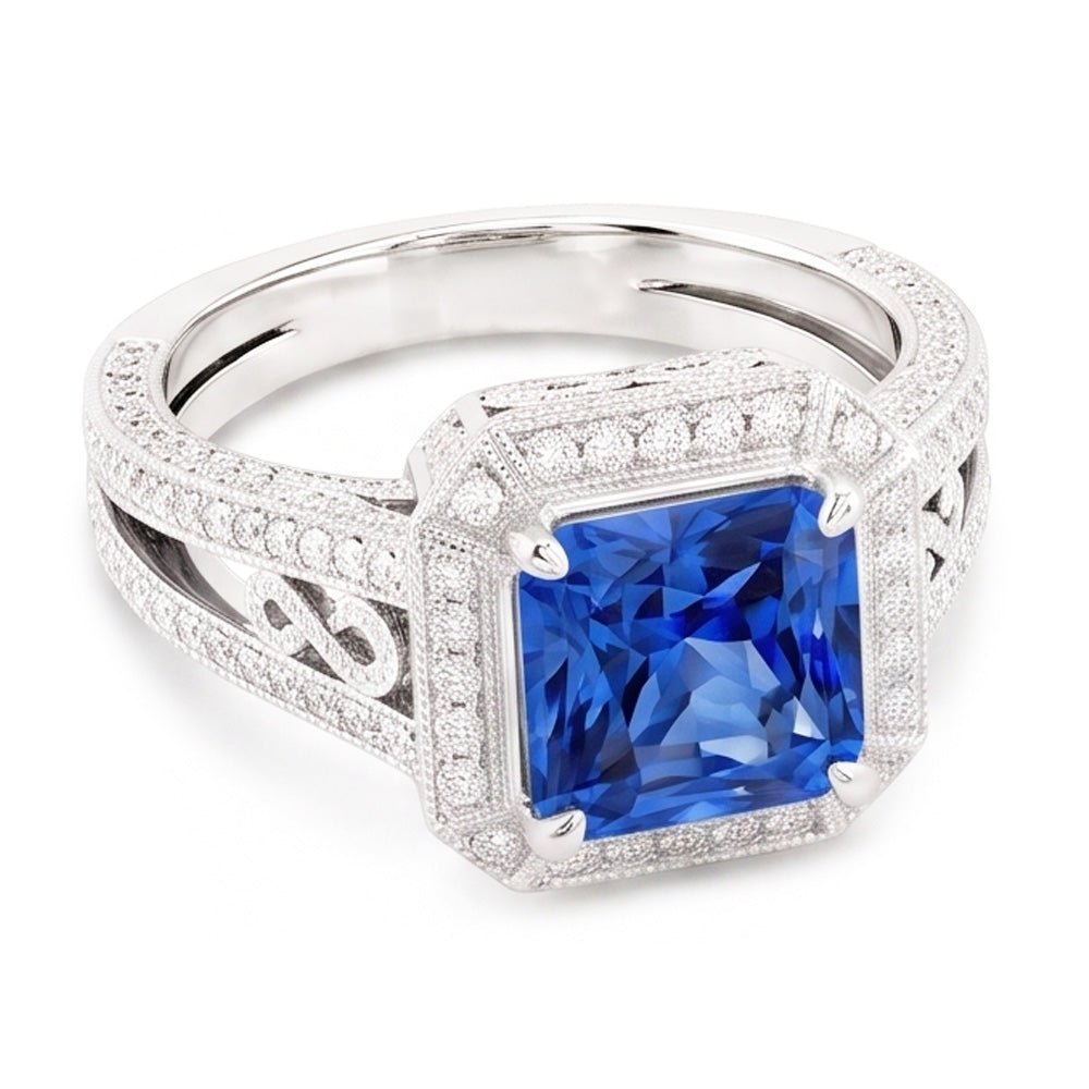Natural Real ( Not Lab Grown )  Vintage Style Halo Sapphire Ring Srilanka Milgrain 3 Carat Split Shank