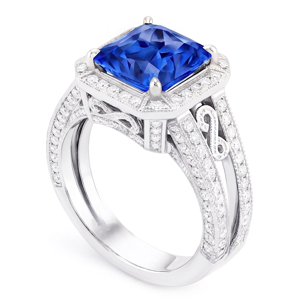 Natural Real ( Not Lab Grown )  Vintage Style Halo Sapphire Ring Srilanka Milgrain 3 Carat Split Shank