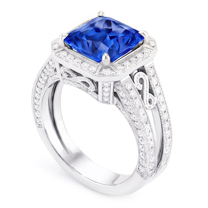 Natural Real ( Not Lab Grown )  Vintage Style Halo Sapphire Ring Srilanka Milgrain 3 Carat Split Shank
