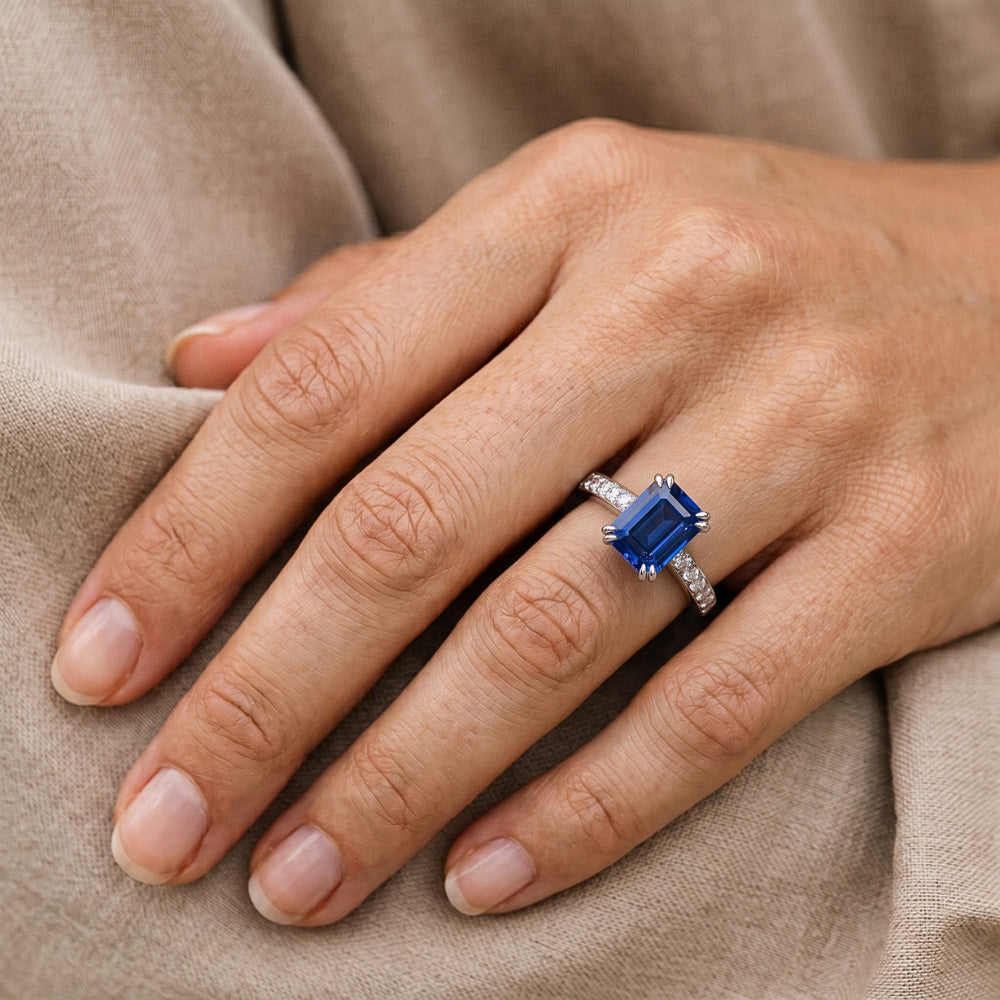 Natural Real ( Not Lab Grown )  Wedding Solitaire With Accents Ring Emerald Blue Sapphire 3 Carats