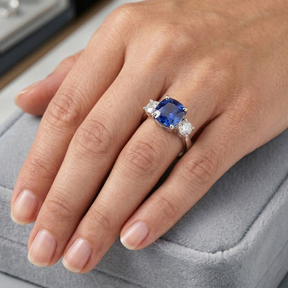 Natural Real ( Not Lab Grown )  White Gold 3 Stone Ring Cushion Ceylon Sapphire 2.50 Carats Jewelry