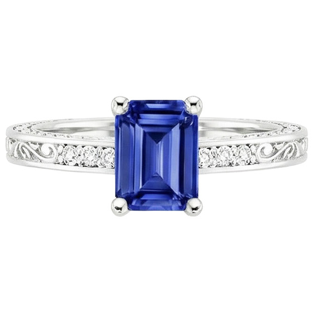 Natural Real ( Not Lab Grown )  White Gold Gemstone Ring With Accent Emerald Blue Sapphire 3.50 Carats