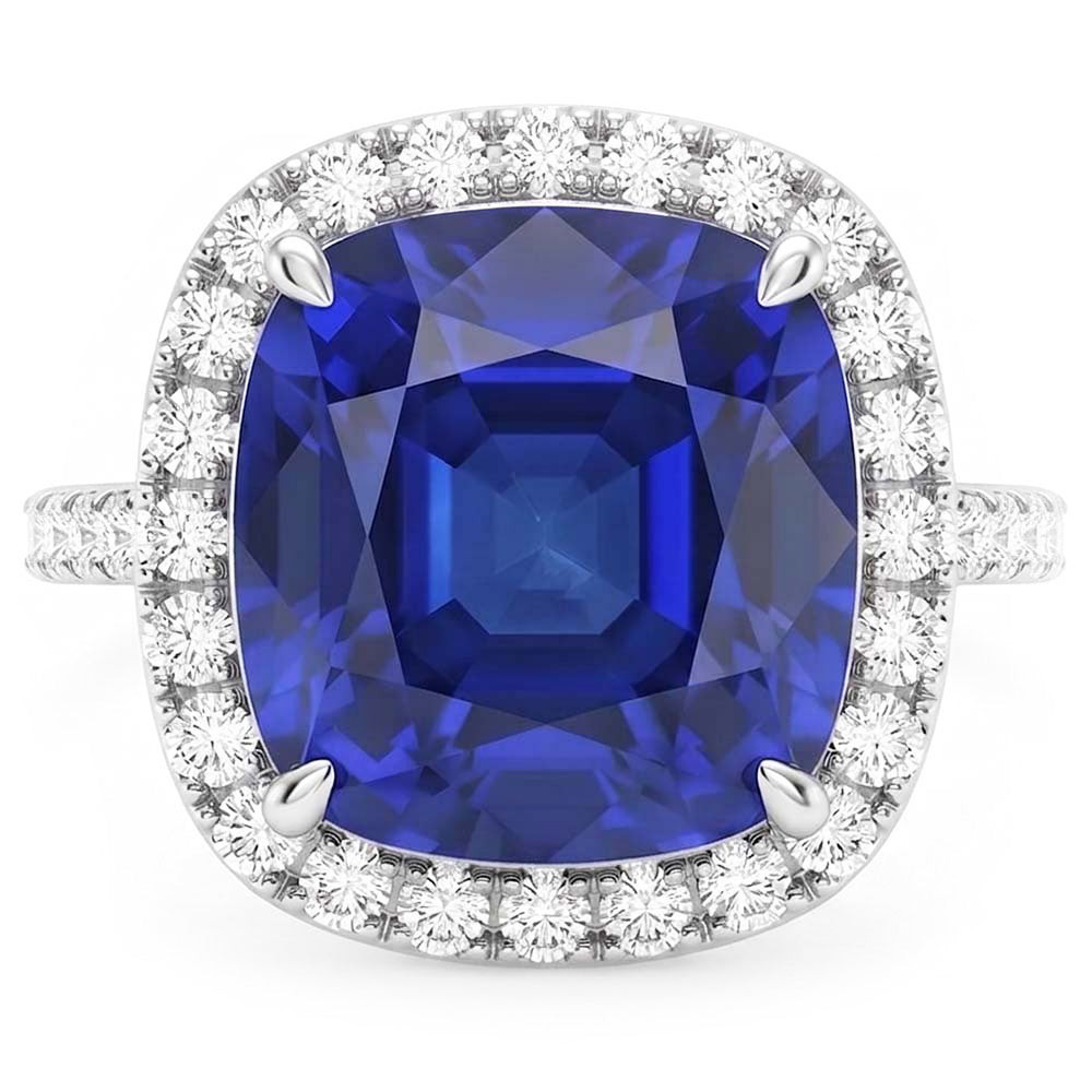 Natural Real ( Not Lab Grown )  White Gold Halo Cushion Srilanka Sapphire Ring 4.50 Carats Jewelry