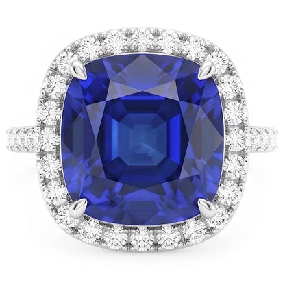 Natural Real ( Not Lab Grown )  White Gold Halo Cushion Srilanka Sapphire Ring 4.50 Carats Jewelry