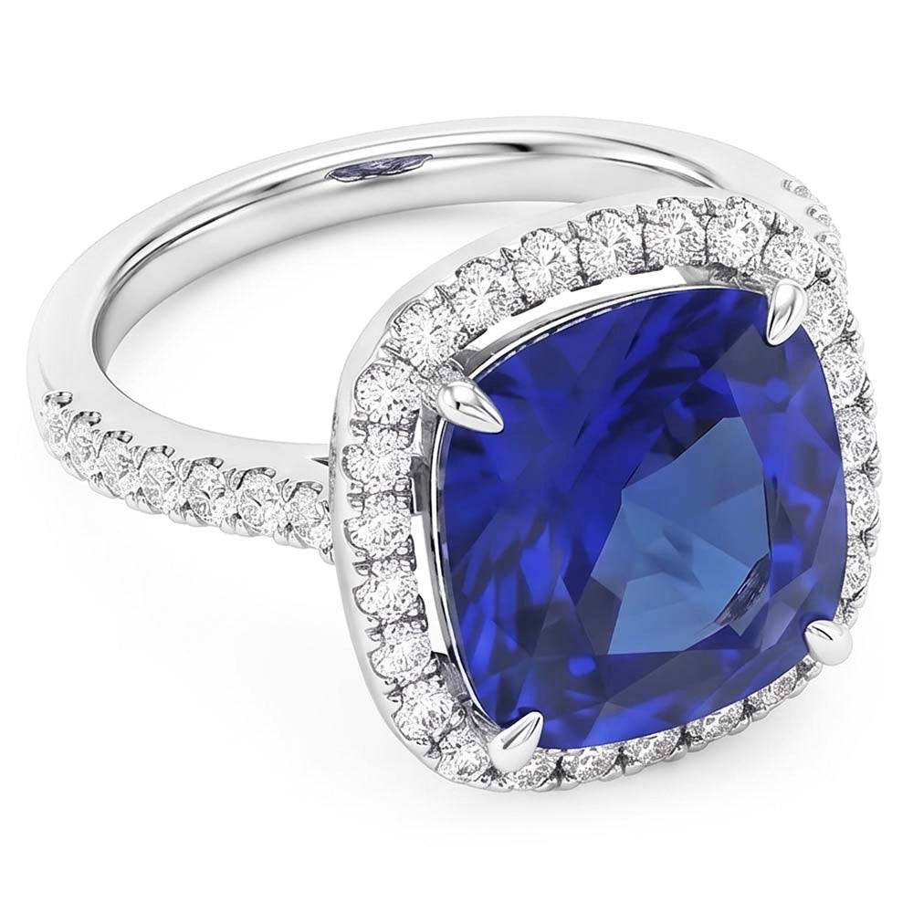 Natural Real ( Not Lab Grown )  White Gold Halo Cushion Srilanka Sapphire Ring 4.50 Carats Jewelry