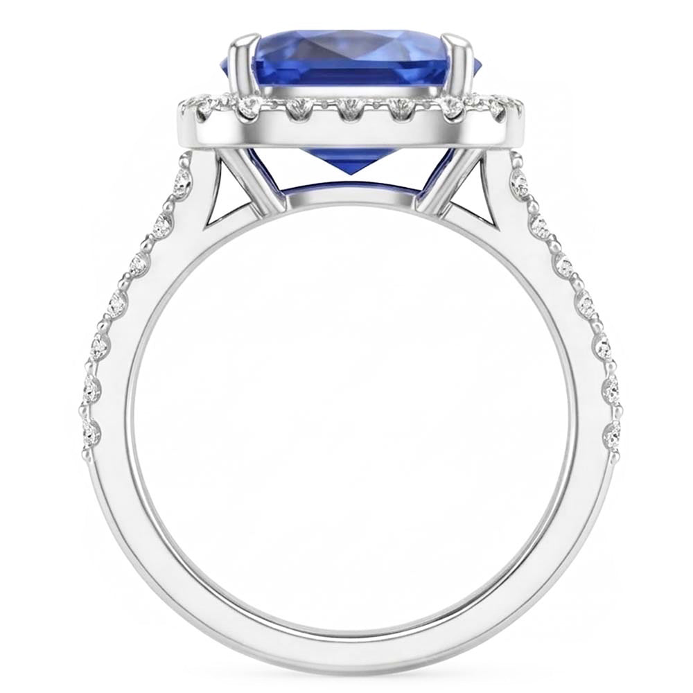 Natural Real ( Not Lab Grown )  White Gold Halo Cushion Srilanka Sapphire Ring 4.50 Carats Jewelry