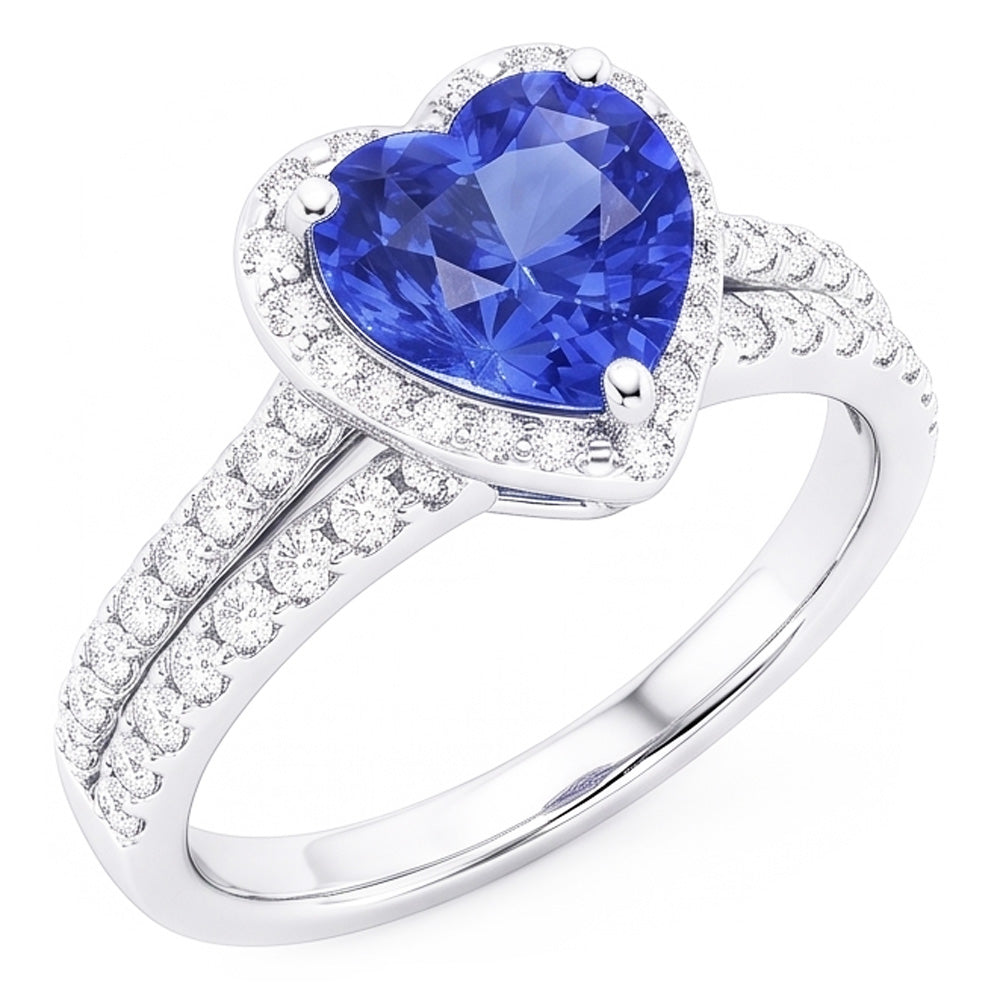 Natural Real ( Not Lab Grown )  White Gold Halo Wedding Ring Heart Sapphire Double Shank 3.50 Carats