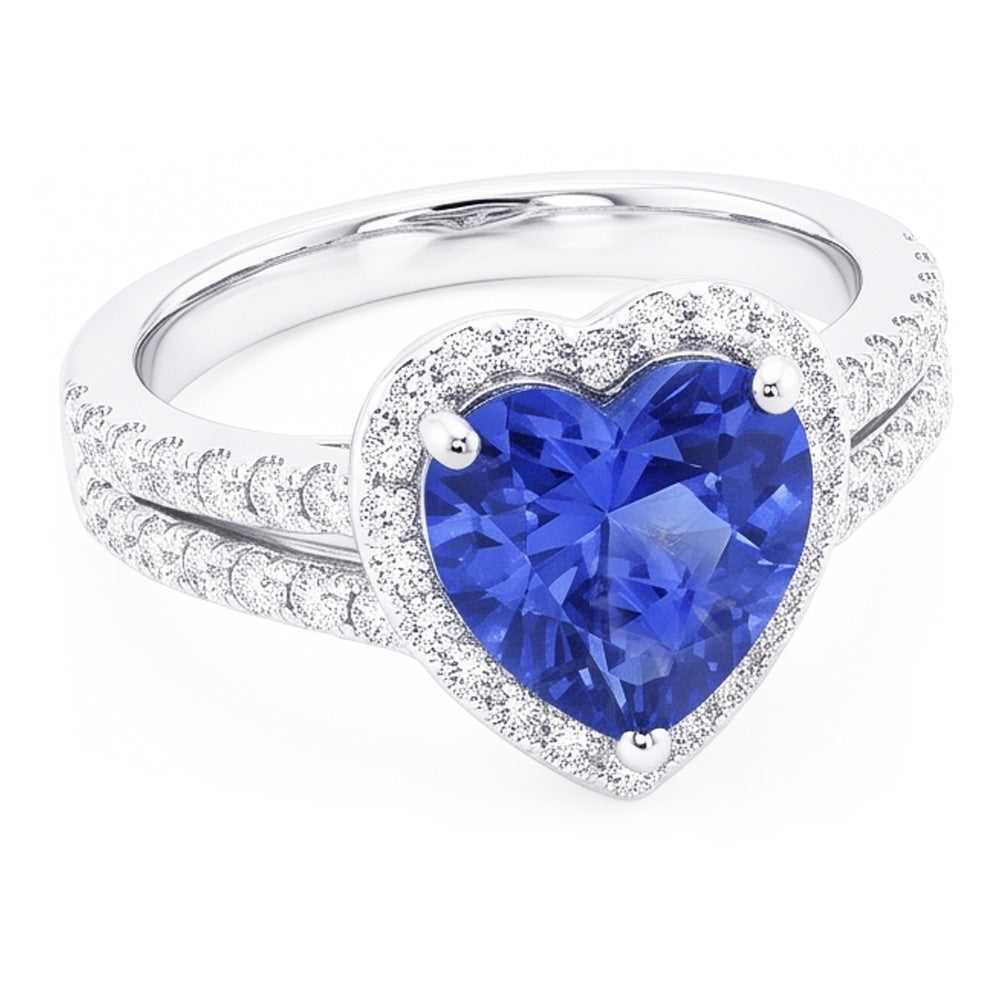 Natural Real ( Not Lab Grown )  White Gold Halo Wedding Ring Heart Sapphire Double Shank 3.50 Carats