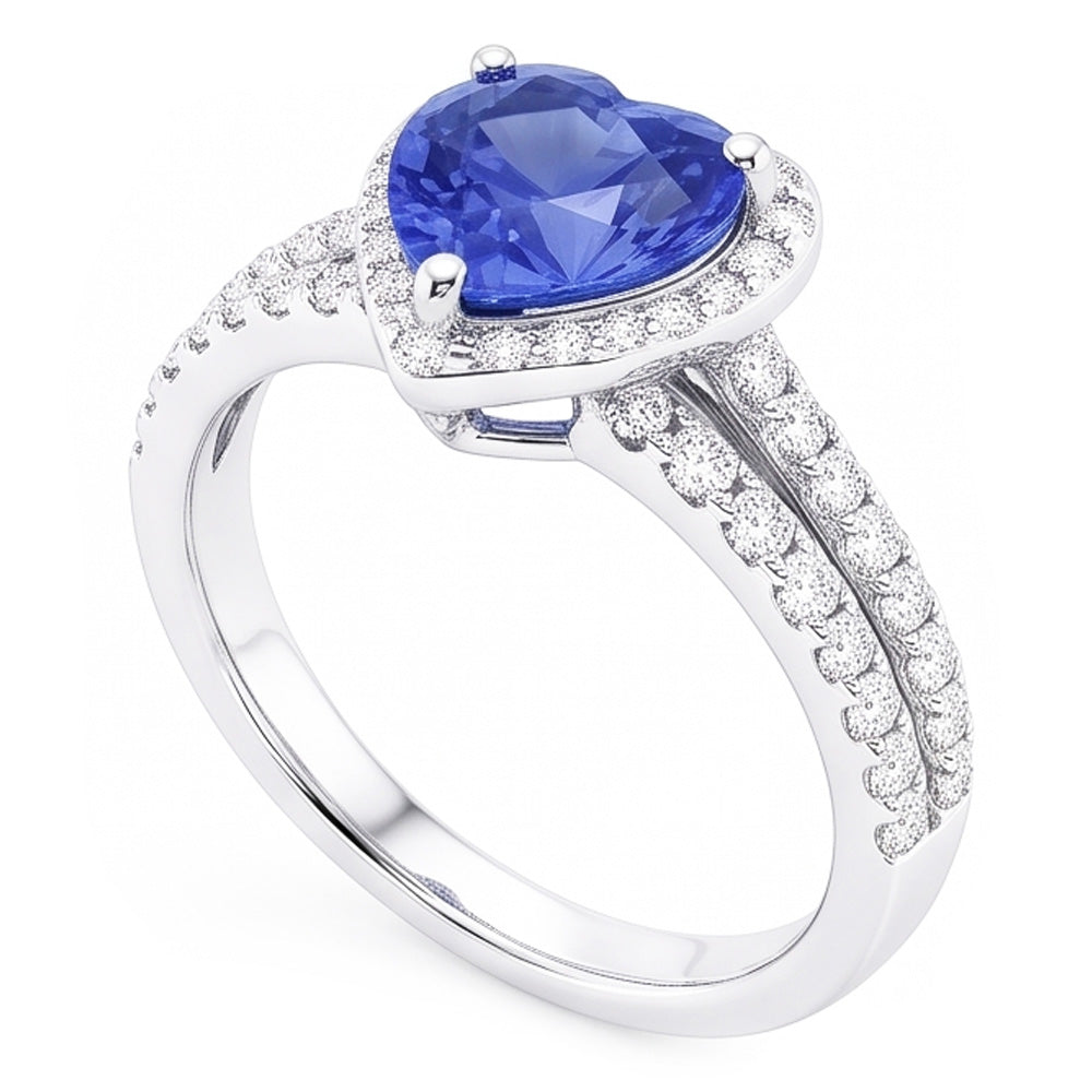 Natural Real ( Not Lab Grown )  White Gold Halo Wedding Ring Heart Sapphire Double Shank 3.50 Carats